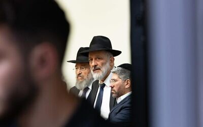 Chairman Aryeh Deri attends a meeting of the Shas party Council of Torah Sages in Jerusalem, July 16, 2025. (Flash90)