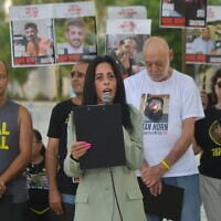 Einav Zangauker speaks at press conference in Tel Aviv on July 19, 2025 (Avshalom Sassoni/Flash90)