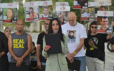Einav Zangauker speaks at press conference in Tel Aviv on July 19, 2025 (Avshalom Sassoni/Flash90)