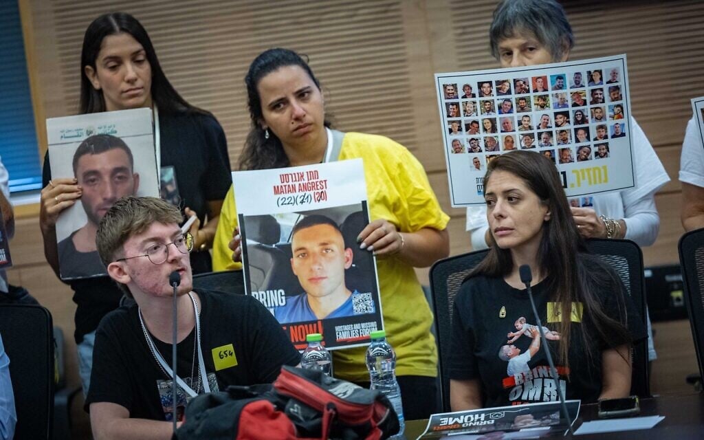 Ofir, the brother of kidnapped soldier Matan Angrest, speaks during an Economic Committee meeting at the Knesset in Jerusalem, on July 21, 2025. (Yonatan Sindel/Flash90)