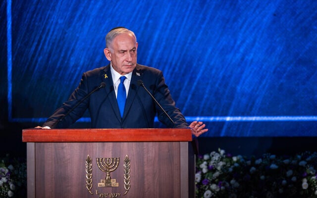 Prime Minister Benjamin Netanyahu speaks at a memorial ceremony for Zionist leader Ze’ev Jabotinsky at Mount Herzl in Jerusalem, July 24, 2025. (Chaim Goldberg/Flash90)