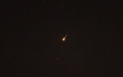 An Israeli air defense system launches interceptor missiles at a missile launched by Yemen's Iran-backed Houthis, as seen from Jerusalem, July 25, 2025. (Yonatan Sindel/Flash90)