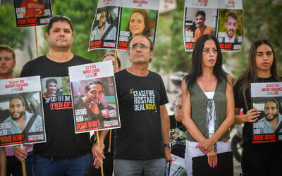 Families of Israelis held hostage in Gaza hold a press conference in Tel Aviv on July 26, 2025. (Avshalom Sassoni/Flash90)