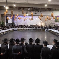 Haredi rabbis attend a conference against efforts to draft ultra-Orthodox youths into the IDF in Kibbutz Ma'ale Hahamisha, on July 30, 2025. (Chaim Goldberg/FLASH90)