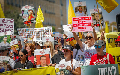 Mothers of Israeli hostages and their supporters take part in a demonstration calling for their release outside the Prime Minister's Office in Jerusalem, July 31, 2025. (Yonatan Sindel/ Flash90)