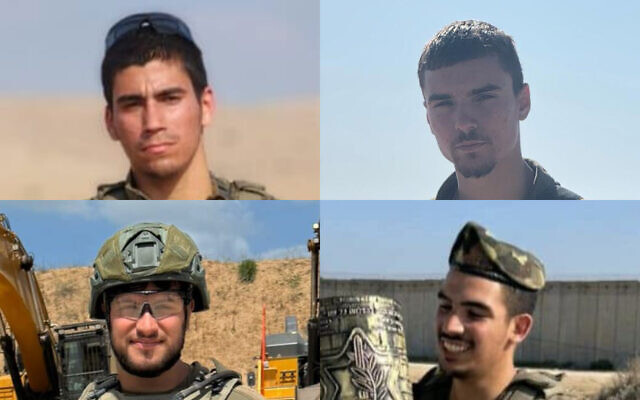 Top, L-R: Sgt. Moshe Nissim Frech, Staff Sgt. Meir Shimon Amar; botton, L-R: Sgt. First Class (res.) Benyamin Asulin, Staff Sgt. Noam Aharon Musgadian, killed in northern Gaza on July 7, 2025. (Courtesy)
