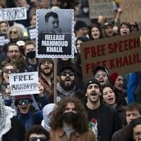 Demonstrators gather outside the Federal Courthouse in New York City to show support for anti-Israel activist Mahmoud Khalil and to demand his release from ICE detention on March 12, 2025. (Mostafa Bassim/Anadolu via Getty Images via JTA)