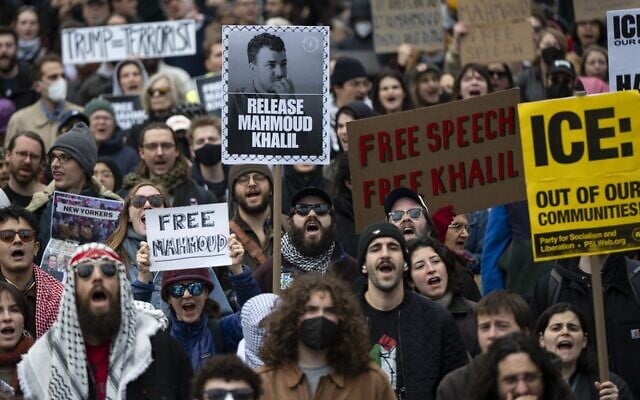 Demonstrators gather outside the Federal Courthouse in New York City to show support for anti-Israel activist Mahmoud Khalil and to demand his release from ICE detention on March 12, 2025. (Mostafa Bassim/Anadolu via Getty Images via JTA)