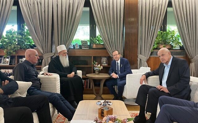 President Isaac Herzog meets with Druze leaders in the President's Residence in Jerusalem on July 22, 2025. (Courtesy President's Office)
