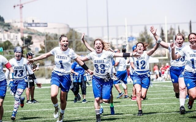 Team Israel women’s flag football team charges at the IFAF European Championship in 2019. (Courtesy of AFI)