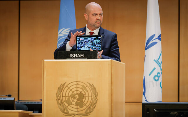 Knesset Speaker Amir Ohana speaks at the Inter-Parliamentary Union's Sixth World Conference of Speakers of Parliament in Geneva on July 29, 2025 (Noam Moskowitz, Office of the Knesset Spokesperson)