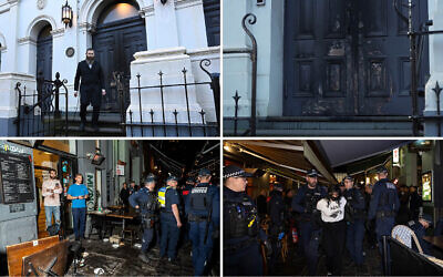 Top left to right: Rabbi Dovid Gutnick walks past damage to the exterior of the East Melbourne Hebrew Congregation in Melbourne, July 5, 2025, after an arsonist set fire to the door the previous day. (James Ross/AAP Image via AP); the aftermath seen on an Australian Broadcasting Corporation news report. (Australian Broadcasting Corporation).
Bottom left to right: Destruction is seen at the scene following a pro-Palestinian protesters' attack on the Israeli-owned Miznon restaurant in Melbourne on July 4, 2025. (SOPA Images via Reuters); Police escort anti-Israel protesters allegedly involved in the attack out of the establishment (AAP via Reuters) Top left to right: Rabbi Dovid Gutnick walks past damage to the exterior of the East Melbourne Hebrew Congregation in Melbourne, July 5, 2025, after an arsonist set fire to the door the previous day. (James Ross/AAP Image via AP); the aftermath seen on an Australian Broadcasting Corporation news report. (Australian Broadcasting Corporation).
Bottom left to right: Destruction is seen at the scene following a pro-Palestinian protesters' attack on the Israeli-owned Miznon restaurant in Melbourne on July 4, 2025. (SOPA Images via Reuters); Police escort anti-Israel protesters allegedly involved in the attack out of the establishment (AAP via Reuters)