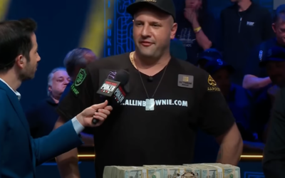 Michael Mizrachi gives an interview while standing over his prize after winning the main event at the World Series of Poker in Las Vegas, Nevada, July 16, 2025. (Youtube screenshot/POKERGO channel)