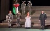 A performer unfurls a Palestinian flag during a performance at the London Royal Opera House, July 19, 2025. (X screenshot: used in accordance with Clause 27a of the Copyright Law)