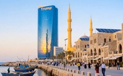 Screen capture from an AI-generated video published by Science and Technology Minister Gila Gamliel imagining a rebuilt Gaza Strip as a thriving resort under the auspices of US President Donald Trump, July 22, 2025. (X: Used in accordance with Clause 27a of the Copyright Law) Screen capture from an AI-generated video published by Science and Technology Minister Gila Gamliel imagining a rebuilt Gaza Strip as a thriving resort under the auspices of US President Donald Trump, July 22, 2025. (X: Used in accordance with Clause 27a of the Copyright Law)