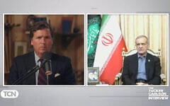 American commentator Tucker Carlson (left) speaks with Iran's President Masoud Pezeshkian, in an interview published on July 7, 2025. (Tucker Carlson Show screenshot)