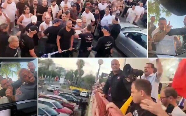 Screen grabs from videos posted to social media show right-wing demonstrators shouting profanities at MK Ayman Odeh, and surrounding his vehicle, in Ness Ziona, July 19, 2025. (X; used in accordance with article 27a of the Copyright Law)