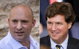 L: Former Prime Minister Naftali Bennett visits the Western Wall in Jerusalem, on May 26, 2025. (Yonatan Sindel/Flash90); R: US pundit Tucker Carlson attends the second inauguration of US President Donald Trump, in Washington, on January 20, 2025. (Pool/Getty Images North America/AFP)