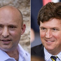 L: Former Prime Minister Naftali Bennett visits the Western Wall in Jerusalem, on May 26, 2025. (Yonatan Sindel/Flash90); R: US pundit Tucker Carlson attends the second inauguration of US President Donald Trump, in Washington, on January 20, 2025. (Pool/Getty Images North America/AFP)