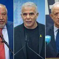 A composite image shows Yisrael Beytenu chairman Avigdor Liberman (L), Opposition Leader Yair Lapid (C), and Blue and White - National Unity chairman Benny Gantz (R), at their respective faction meetings at the Knesset in Jerusalem, on July 14, 2025. (All photos Yonatan Sindel/Flash90)