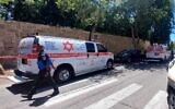 Paramedics arrive to the scene of a grenade explosion which injured a man in Herzliya, on July 6, 2025. (Magen David Adom)