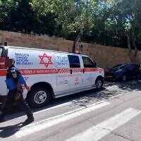 Paramedics arrive to the scene of a grenade explosion which injured a man in Herzliya, on July 6, 2025. (Magen David Adom)