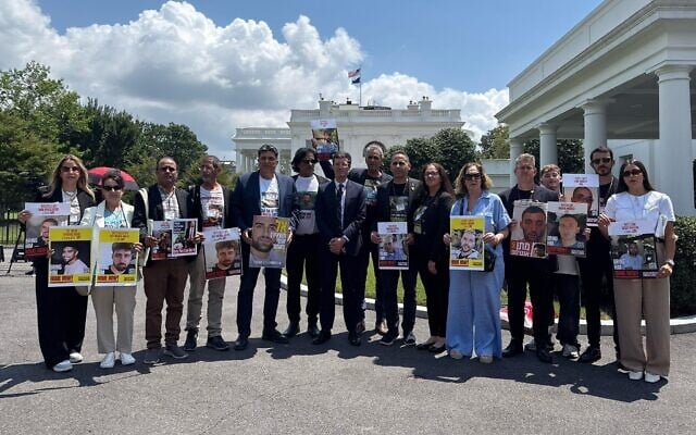 Families of hostages held in Gaza, at the White House, in Washington, DC, after a meeting with Trump administration officials, July 9, 2025. (Hostages and Missing Families Forum)