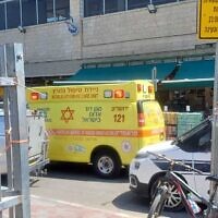 A Magen David Adom ambulance seen at the site of a terror attack at a shopping complex at the Gush Etzion Junction, in the West Bank, on July 10, 2025. (Magen David Adom)