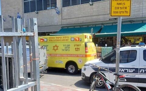 A Magen David Adom ambulance seen at the site of a terror attack at a shopping complex at the Gush Etzion Junction, in the West Bank, on July 10, 2025. (Magen David Adom)