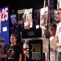 Released hostage Eli Sharabi speaks at a weekly rally at Hostages Square, Tel Aviv, July 12, 2025. (Alon Gilboa/Hostages and Missing Families Forum)