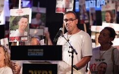 Released hostage Eli Sharabi speaks at a weekly rally at Hostages Square, Tel Aviv, July 12, 2025. (Alon Gilboa/Hostages and Missing Families Forum)