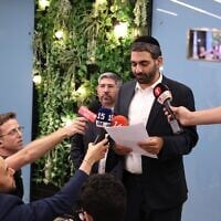 Religious Services Minister Michael Malkieli announces the Shas party's decision to quit Prime Minister Benjamin Netanyahu's government, July 16, 2025. (Yaakov Cohen)
