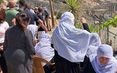 Druze women in Majdal Shams, Israel, on July 17, 2025. (Diana Bletter/Times of Israel)