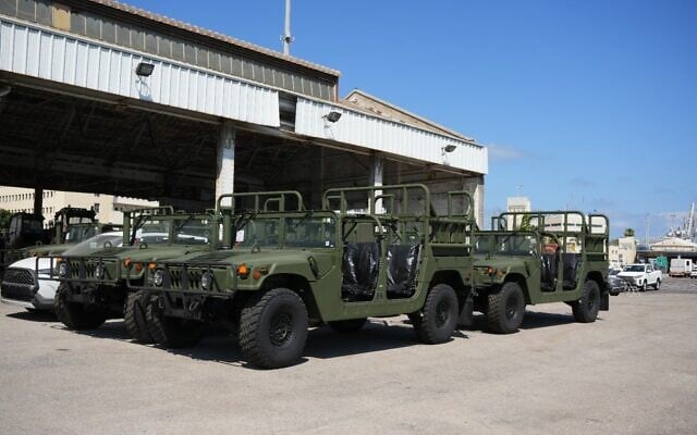 This undated photo issued by the Defense Ministry on July 20, 2025, shows Humvees being delivered to Israel. (Defense Ministry) This undated photo issued by the Defense Ministry on July 20, 2025, shows Humvees being delivered to Israel. (Defense Ministry)