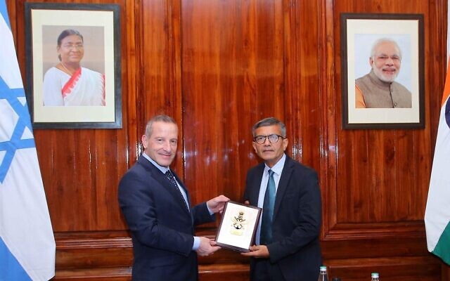 Defense Ministry Director General Amir Baram (left) meets with Indian Defense Secretary Shri Rajesh Kumar Singh (right) in India, in a photo cleared for publication June 24, 2025. (Defense Ministry)