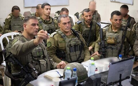 Front L-R: 98th Division commander Brig. Gen. Guy Levy, IDF Chief of Staff Lt. Gen. Eyal Zamir, Southern Command chief Maj. Gen. Yaniv Asor in Gaza City's Shejaiya neighborhood, July 20, 2025. (Israel Defense Forces)