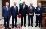 Lebanese President Joseph Aoun, center, meets with a delegation from the Arab and International Relations Council, a think tank, in his office in Beirut, Lebanon, July 11, 2025. (Lebanese Presidency via X)