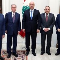 Lebanese President Joseph Aoun, center, meets with a delegation from the Arab and International Relations Council, a think tank, in his office in Beirut, Lebanon, July 11, 2025. (Lebanese Presidency via X)
