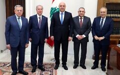 Lebanese President Joseph Aoun, center, meets with a delegation from the Arab and International Relations Council, a think tank, in his office in Beirut, Lebanon, July 11, 2025. (Lebanese Presidency via X)