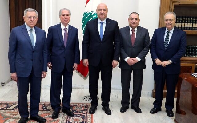 Lebanese President Joseph Aoun, center, meets with a delegation from the Arab and International Relations Council, a think tank, in his office in Beirut, Lebanon, July 11, 2025. (Lebanese Presidency via X)
