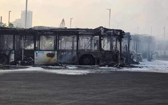 Buses that went up in flames after a fire broke out in a Bat Yam bus terminal on July 26, 2025. (Magen David Adom) Buses that went up in flames after a fire broke out in a Bat Yam bus terminal on July 26, 2025. (Magen David Adom)