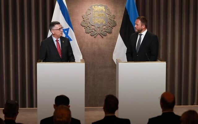 Foreign Minister Gideon Sa'ar addresses the press alongside Estonian Foreign Minister Margus Tsahkna, in Tallinn, Estonia, July 2, 2025. (Shalev Man/Foreign Ministry) Foreign Minister Gideon Sa'ar addresses the press alongside Estonian Foreign Minister Margus Tsahkna, in Tallinn, Estonia, July 2, 2025. (Shalev Man/Foreign Ministry)