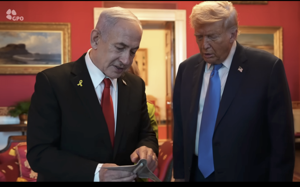 Netanyahu gifts Trump mezuzah case in shape of B-2 bomber