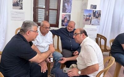L-R: Arab party leaders Yousef Jabareen of Hadash, MK Ahmad Tibi of Ta'al, MK Mansour Abbas of Ra'am and Sami Abu Shehadeh of Balad meet ahead of a press conference in Jaffa on July 27, 2025. (Screenshot: Yanal Jabarin via X)