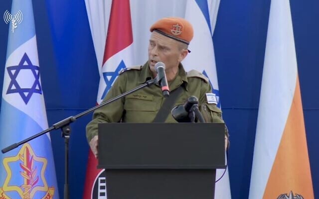 Maj. Gen. Shai Klepper, the incoming chief of the IDF Home Front Command, speaks at a handover ceremony at a military base, July 24, 2025. (Screen c apture: Israel Defense Forces)