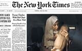 The New York Times' July 25 front page showing a picture captioned: "Mohammed Zakaria al-Mutawaq, about 18 months, with his mother, Hedaya al-Mutawaq, who said he was born healthy but recently diagnosed with severe malnutrition." On July 30, the paper acknowledged that he "had pre-existing health problems affecting his brain and his muscle development."