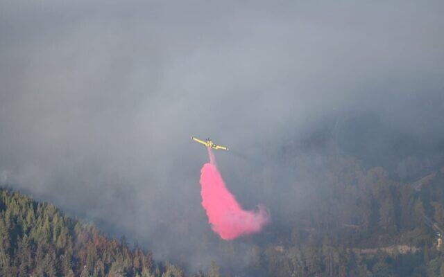 A firefighting plane drops retardant on a forest near Jerusalem in an undated photo distributed on July 17, 2025. (Courtesy Fire and Rescue Service) A firefighting plane drops retardant on a forest near Jerusalem in an undated photo distributed on July 17, 2025. (Courtesy Fire and Rescue Service)