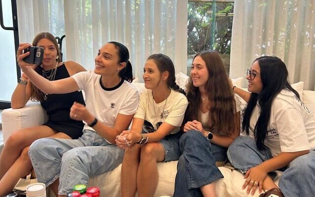 Gal Gadot (second from left) meets with freed hostages (from left) Moran Stela Yanai, Doron Steinbrecher, Naama Levy and Liri Albag on July 22, 2025. (Courtesy Hostages Forum)