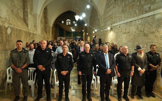 National Security Minister Itamar Ben Gvir and senior police officers inaugurate a new volunteer police unit for Jewish settlements in the West Bank at a ceremony held in the Tomb of the Patriarchs in Hebron on July 9, 2025. (Israel Police)