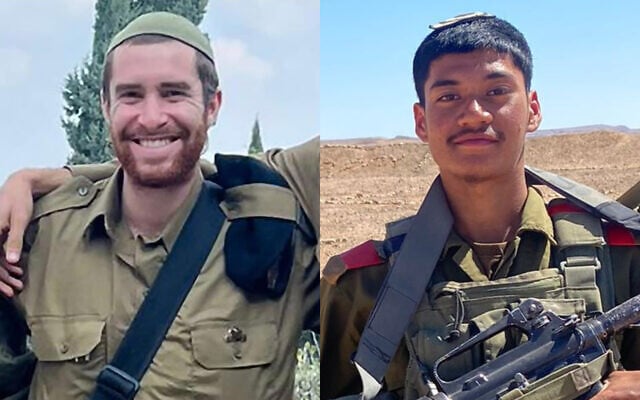 Sgt. Shlomo Yakir Shrem (left) and Staff Sgt. Shoham Menahem (right), killed during fighting in northern Gaza on July 14, 2025, alongside Sgt. Yuliy Faktor who is not pictured. (Israel Defense Forces)